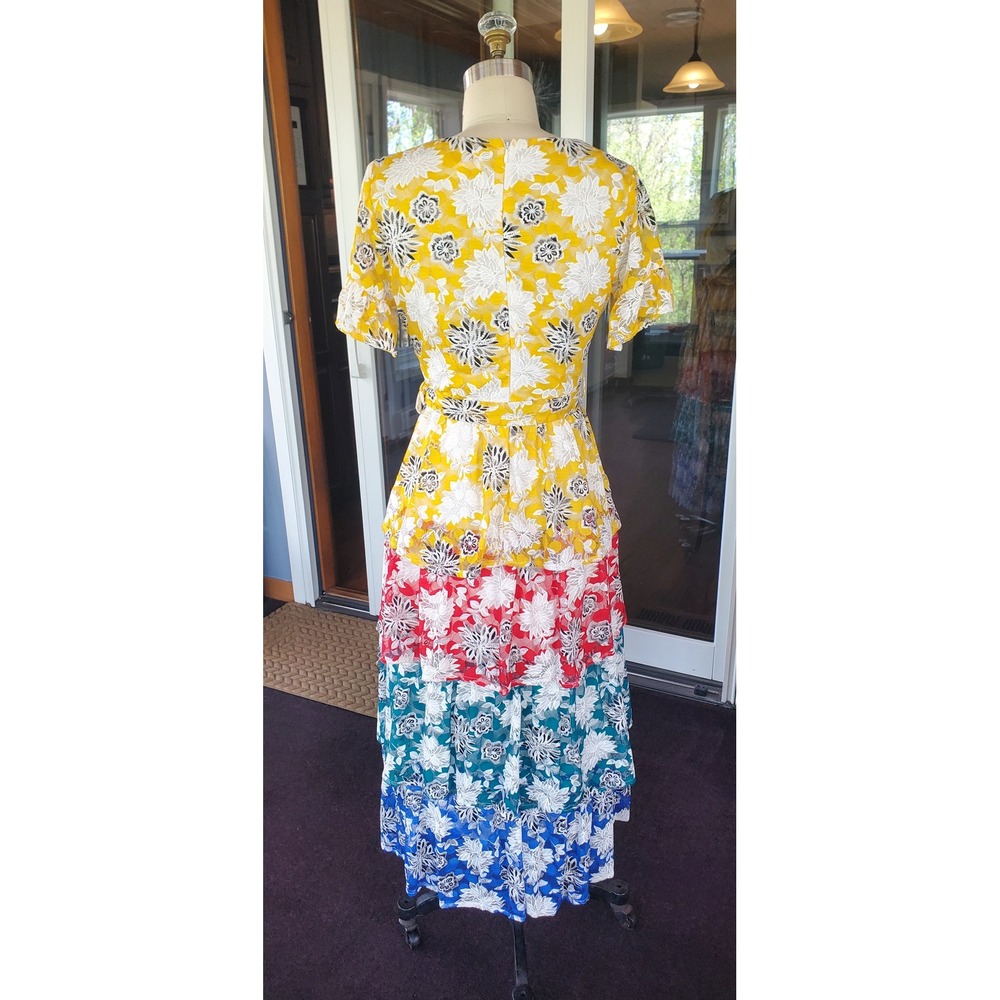 L'atiste by Amy Womens Floral Tiered Maxi Dress Yellow Red Blue S - Picture 6 of 7
